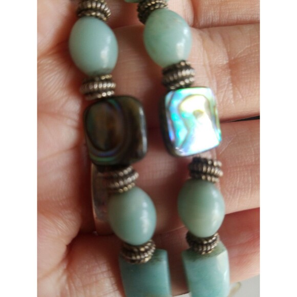 HAND MADE ABALONE PEARLS LIGHT BLUE STONE SILVER TONE NECKLACE 15" gorgeous - Picture 8 of 11